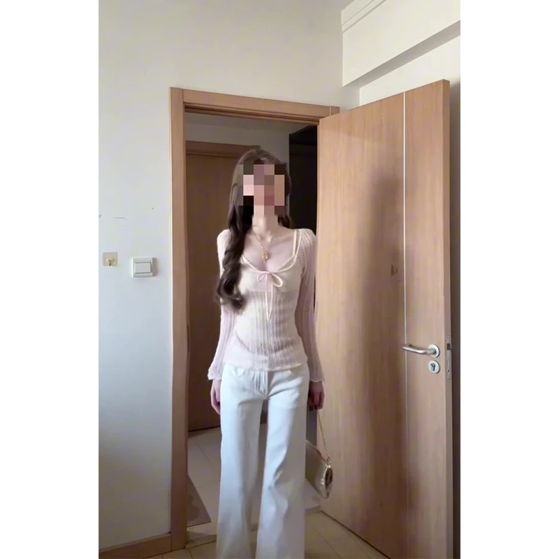 parkyeon早秋穿搭温柔风粉色系带镂空针织衫高腰显瘦微喇裤两件套