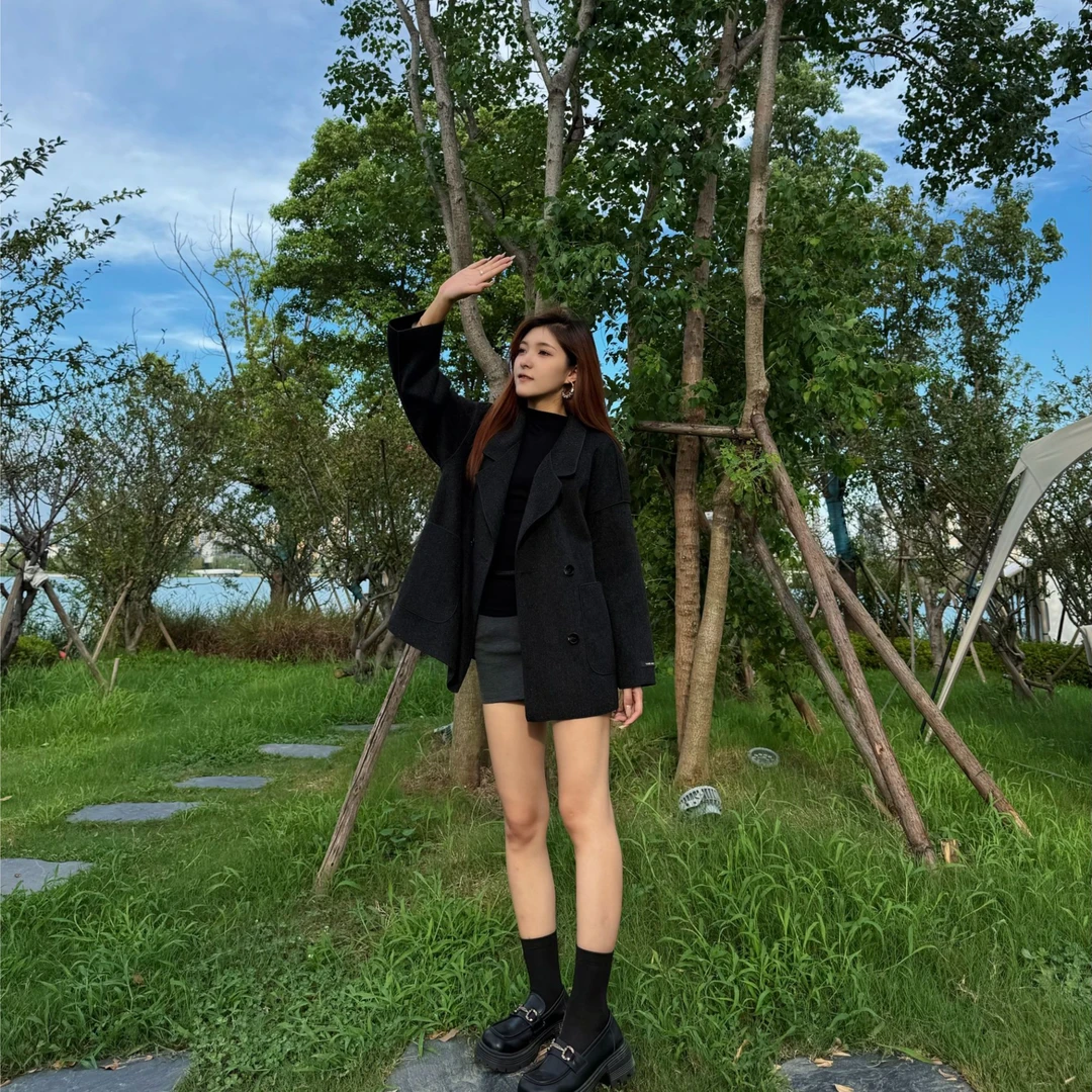 短款双面绒大衣女韩版休闲宽松显瘦扣子款百搭毛呢外套小个子