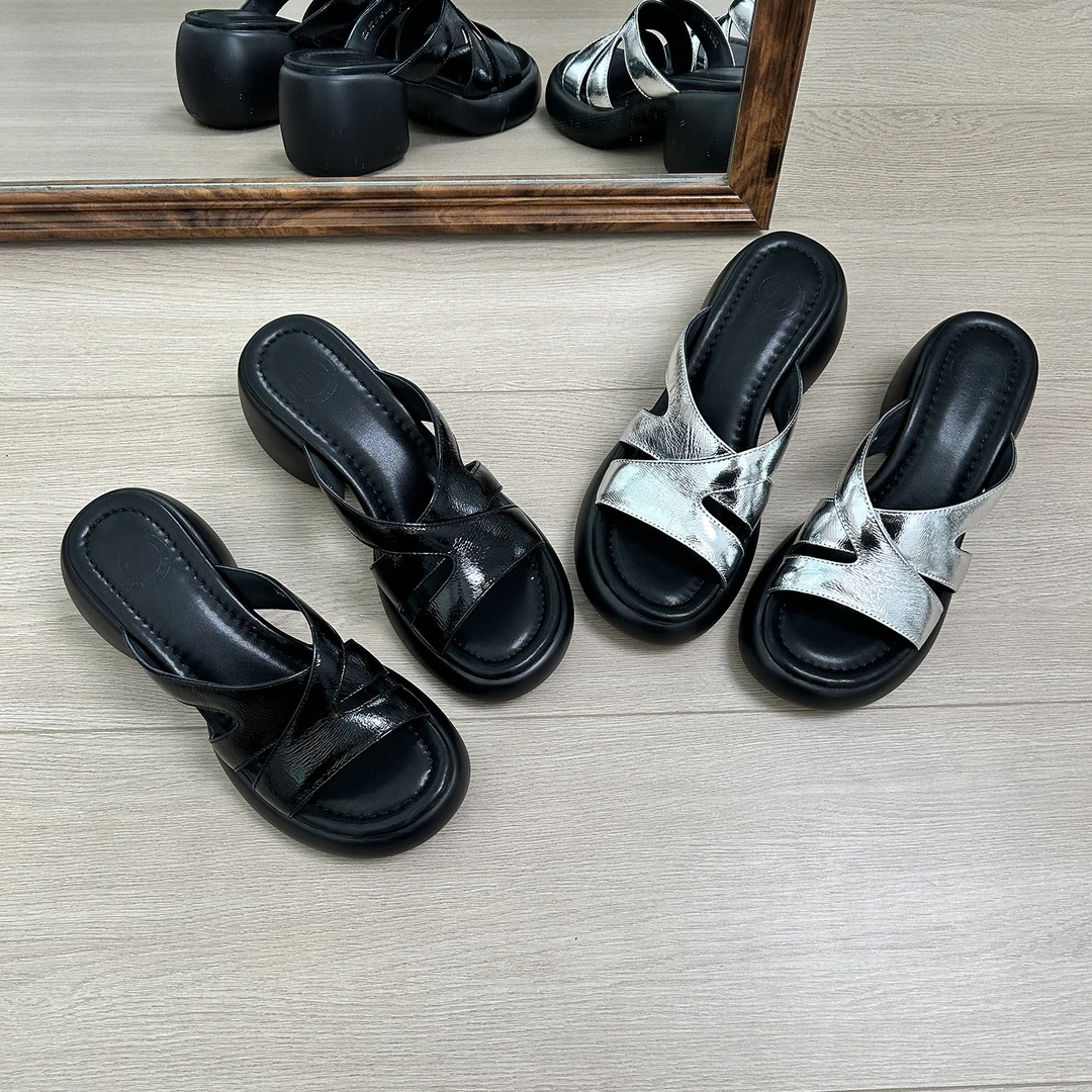 6cm/ED2135羊皮厚底凉拖鞋女夏季新款时尚粗跟高跟休闲镂空半拖鞋