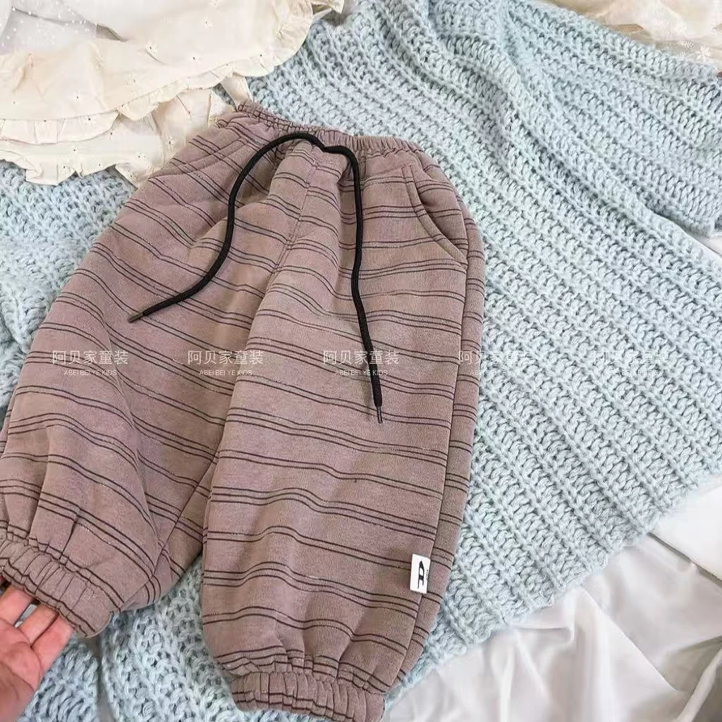 【E6】粉色做旧条纹加厚绒裤子童装