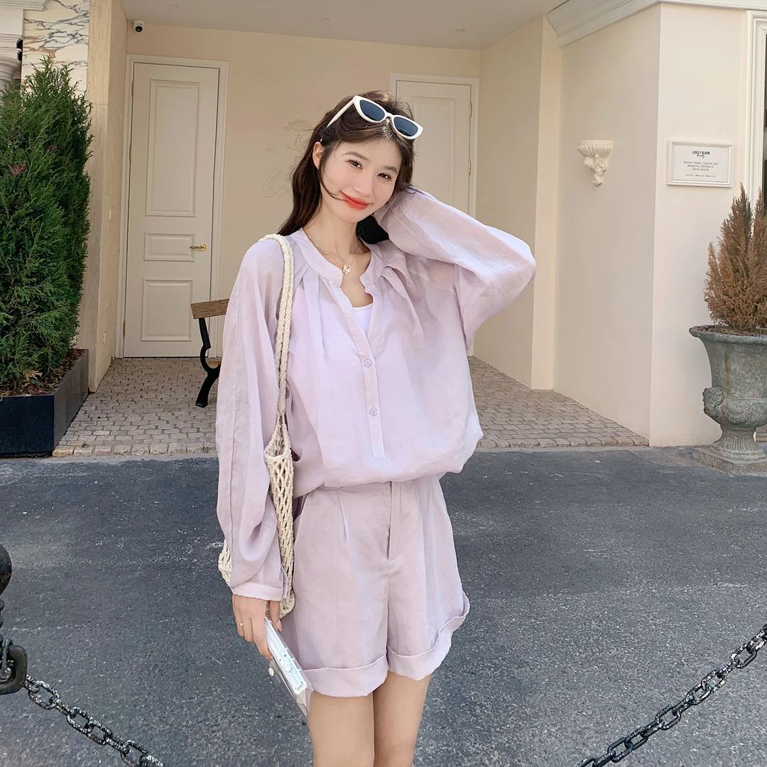 夏季薄款温柔风浅紫色防晒套装女2025新款韩系慵懒衬衫短裤两件套