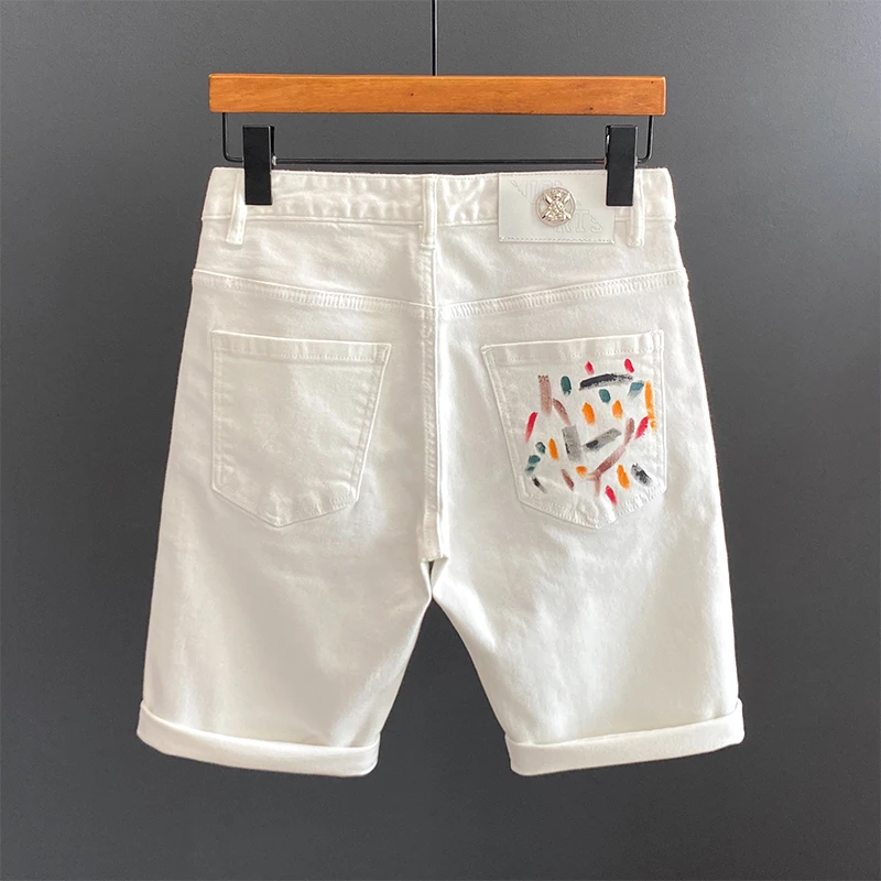 希敦纽勒白色牛仔短裤男修身潮牌百搭休闲弹力涂鸦印花时尚五分裤