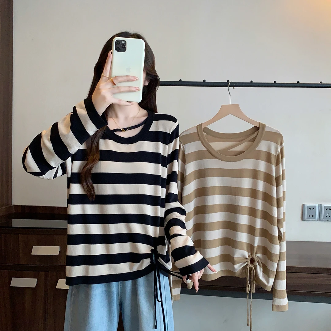 2025秋季款大码女胖mm条纹显瘦抽绳毛衣设计感针织衫上衣69241