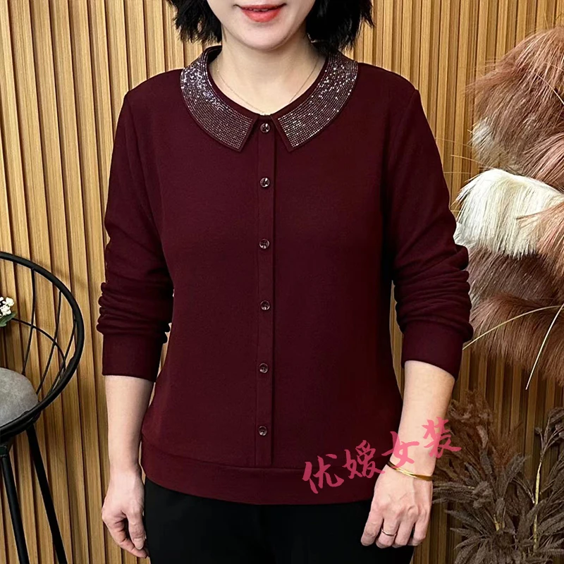 中老年女装秋冬保暖双面绒烫钻娃娃领显瘦百搭洋气妈妈装长袖上衣