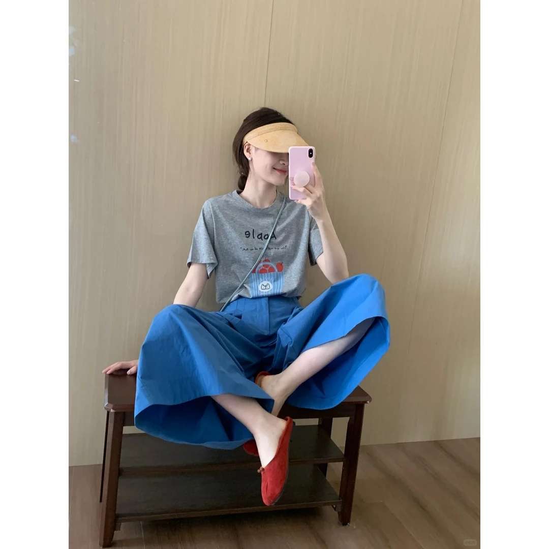 韩版时尚百搭简约圆领短袖t恤女2025年夏季新款百搭显瘦上衣套装