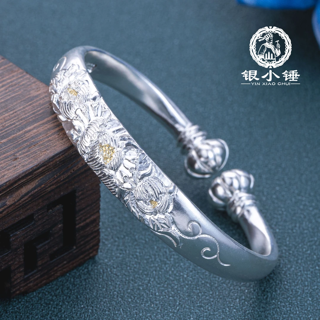 足银手镯 蔓天香 大理银小锤古法手工錾刻牡丹999足银手镯/可定制