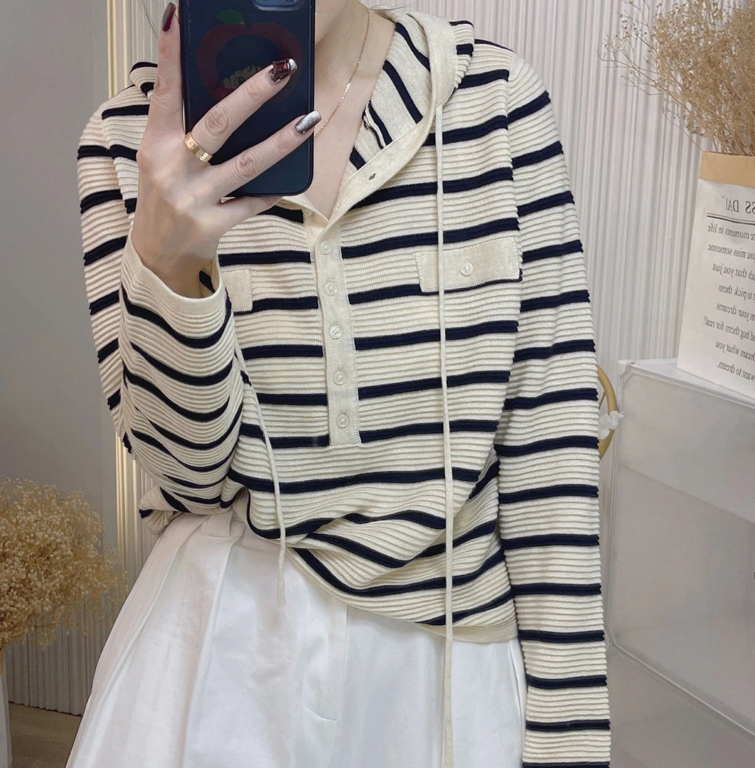 【苗姐优选】春季新款设计感连帽抽绳百搭显瘦长袖针织衫CY39333