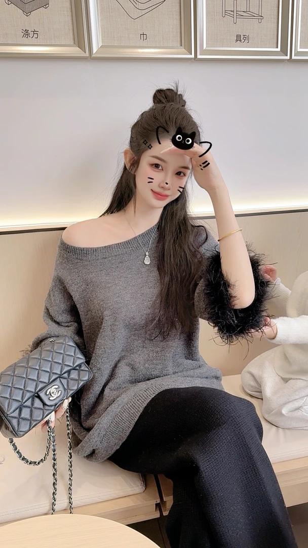 LIN小白【回洋千金】毛毛拼袖圆领羊毛短袖毛衣6006