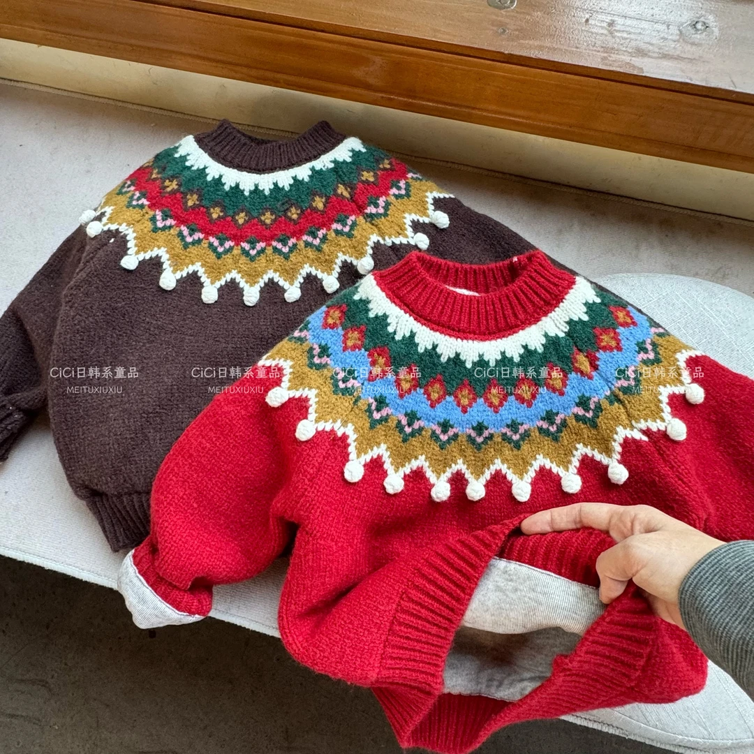 男童毛衣冬季2025新款费尔岛圣诞春节加厚宝宝毛线衣女童喜庆上衣