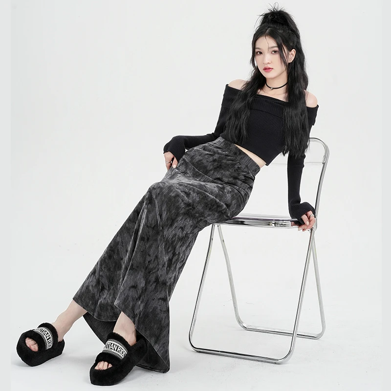 La Chapelle/拉夏贝尔扎染丝绒鱼尾半身裙秋冬新款高腰包臀a字裙