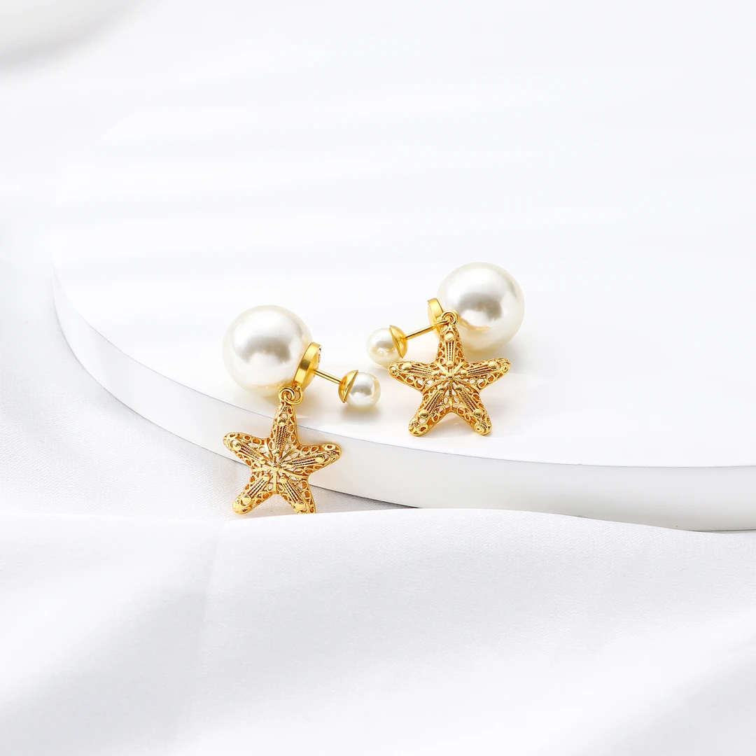 Tender Jinger 铜合金仿珍珠耳饰 秋冬新款前后珠轻奢海星耳饰