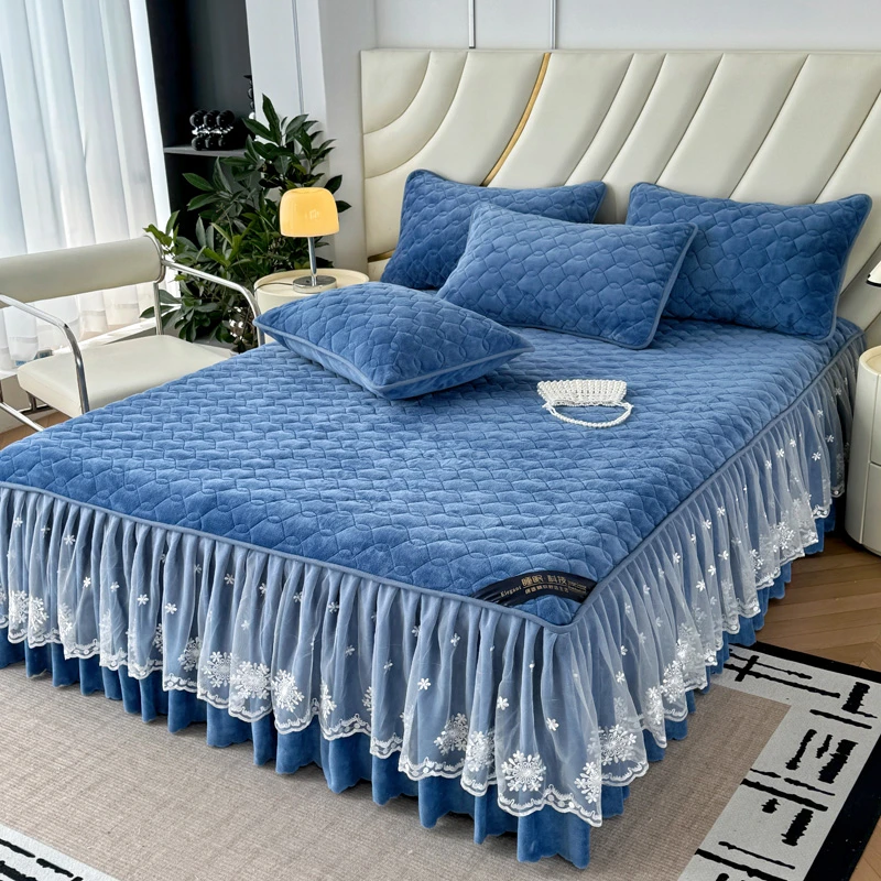 冬季新款保暖牛奶绒夹棉床裙单件珊瑚绒床罩加绒加厚法兰绒保护罩
