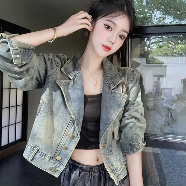 港风复古牛仔短外套女春秋新款潮流长袖上衣时尚休闲百搭机车夹克