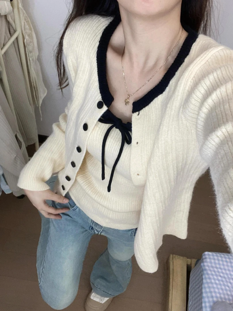 韩系针织开衫配吊带女早秋季新款软糯毛衣外套外搭上衣氛围感穿搭
