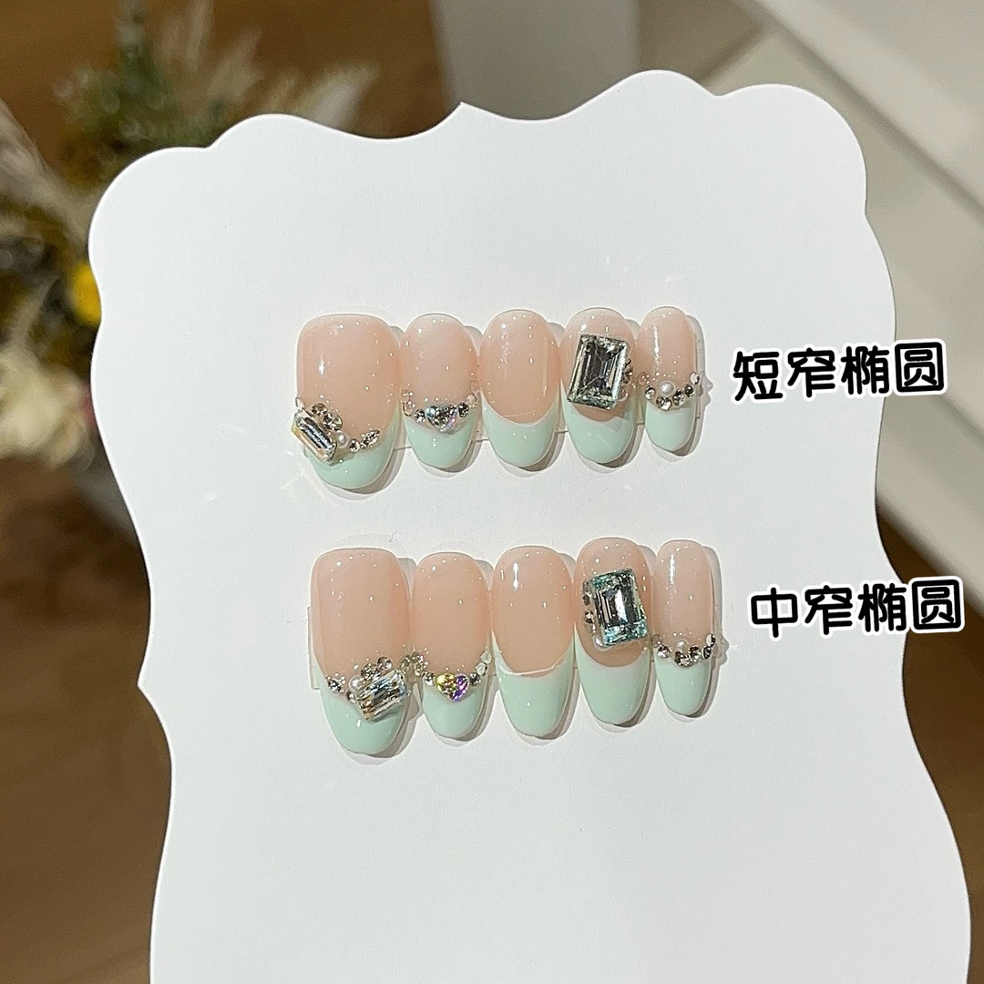 高级感穿戴甲片石】ins夏日小清新 手绘薄荷绿法式碎钻显白穿戴甲