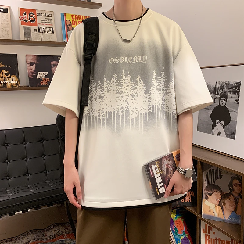 TX2405菠萝格短袖美式休闲宽松国潮印花情侣百搭夏季港风T恤