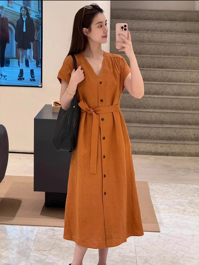 小禾同款夏季气质女装2025夏新款亚麻平纹长款轻奢宽松版连衣裙