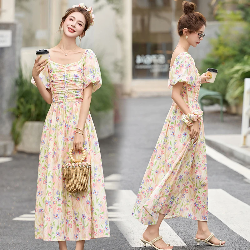 欧洲站方领全棉碎花连衣裙女2025夏季新款优雅气质甜美修身a字裙