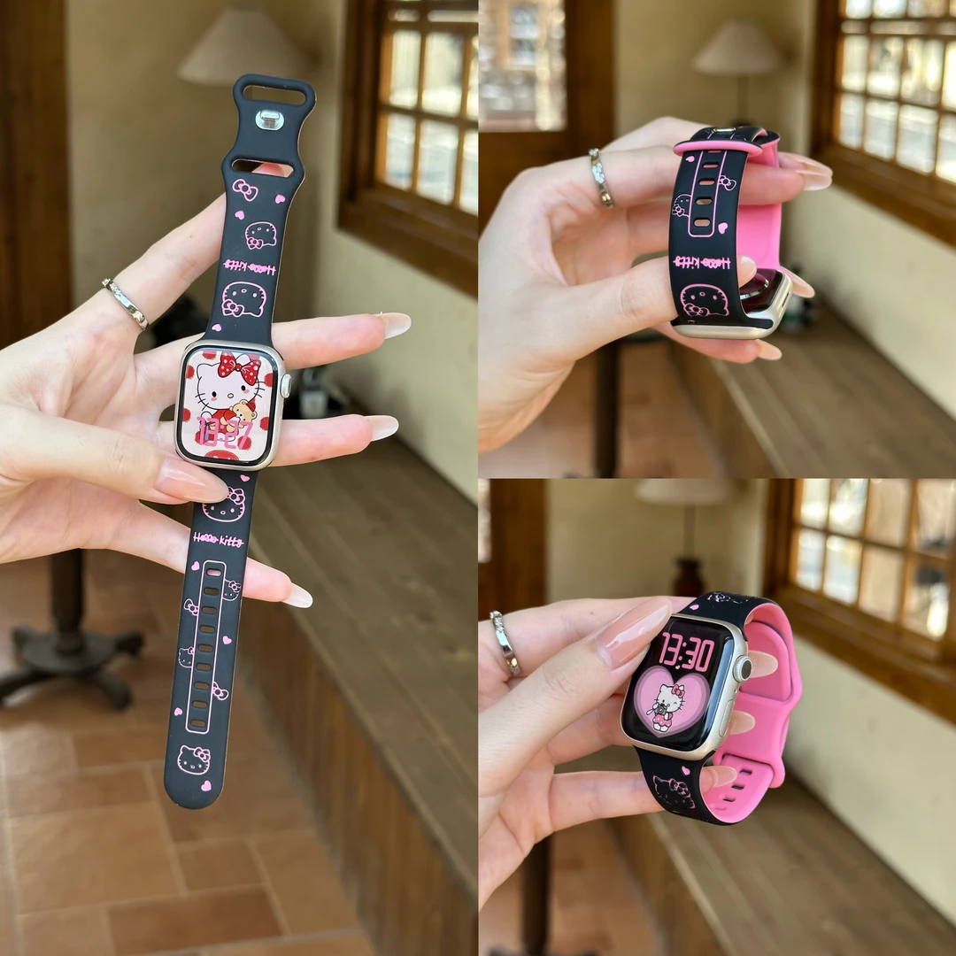 可爱双色Kitty硅胶S8表带适用iwatchS11新款S9苹果7手表SE女款S10