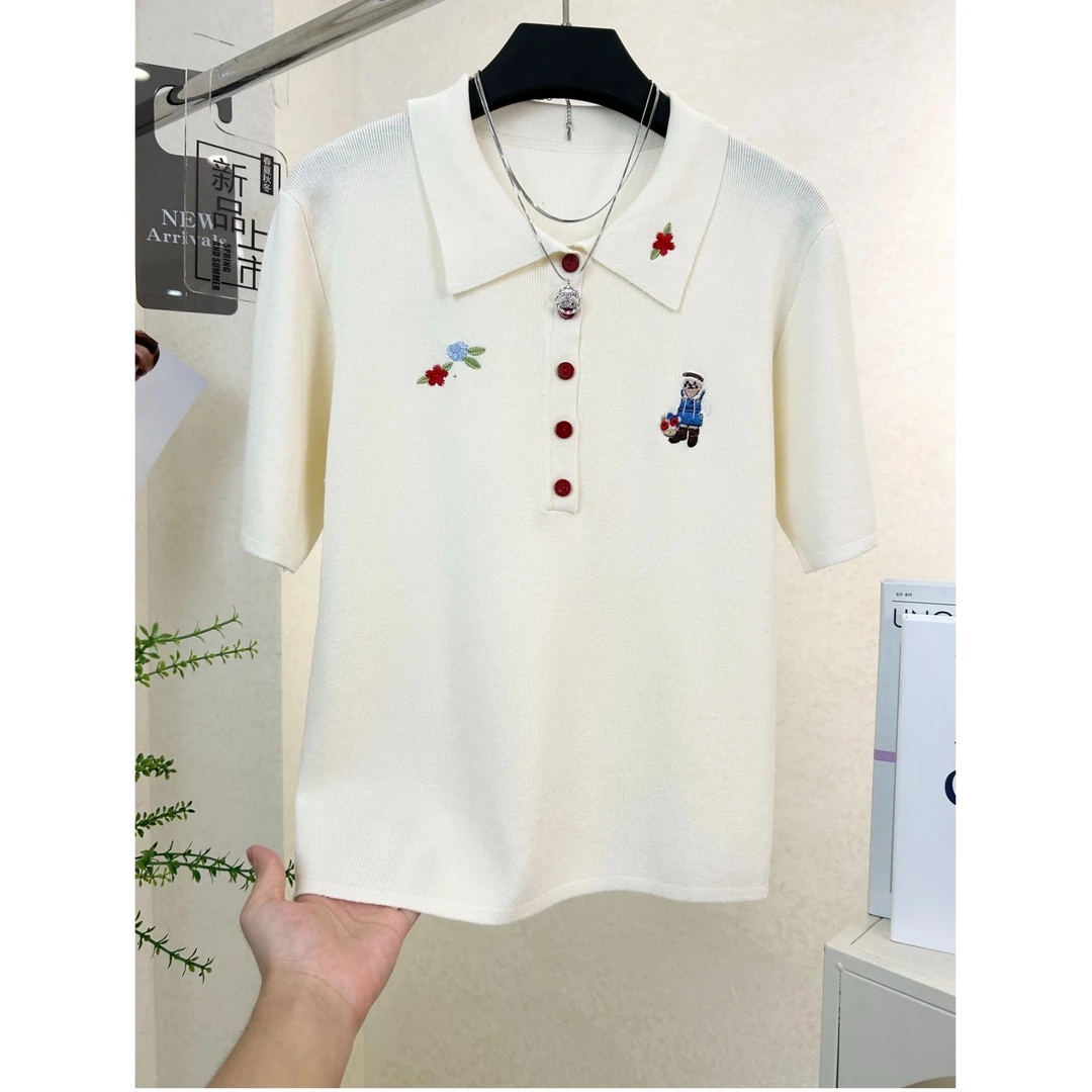 高街美式短袖女T恤针织刺绣上衣小衫M2504034