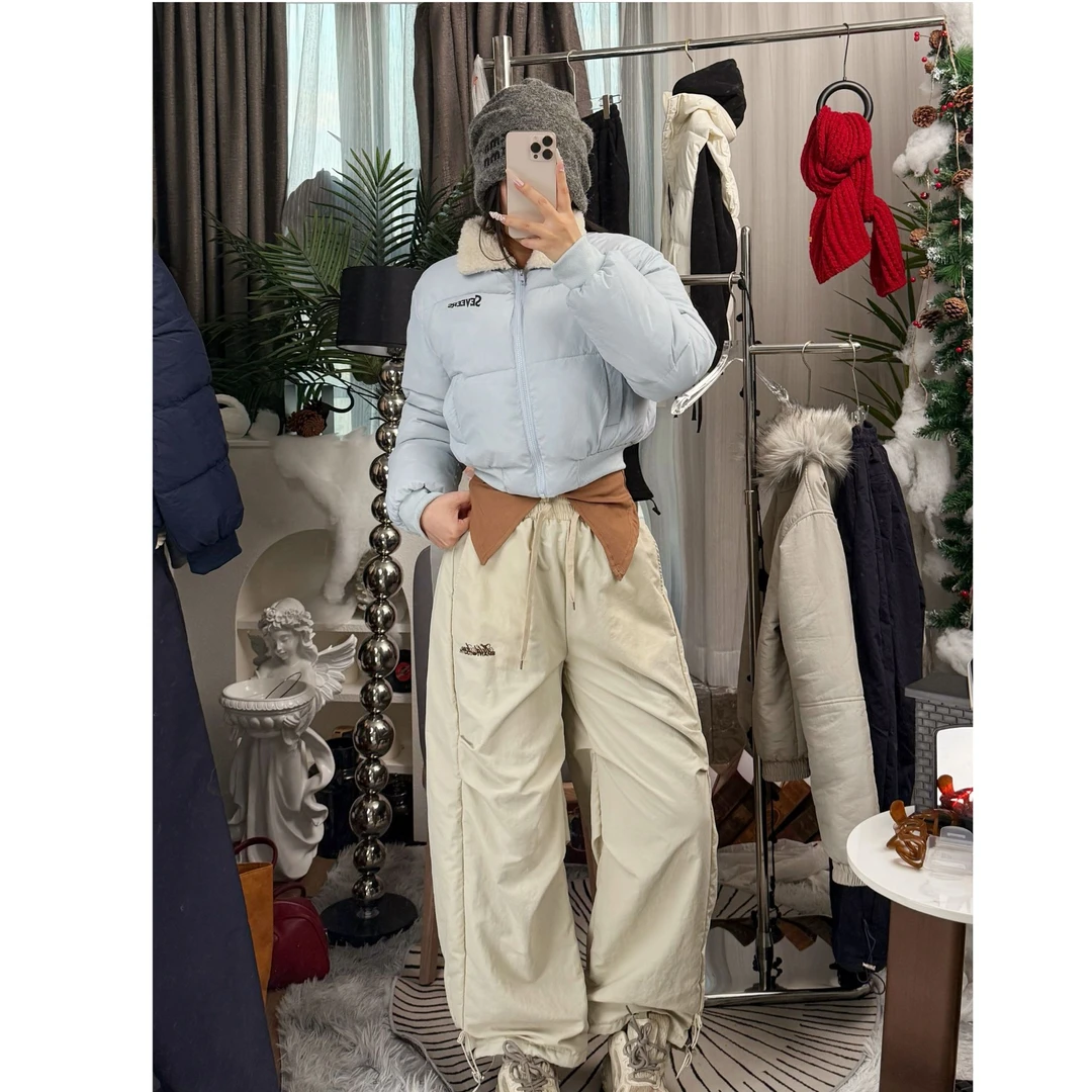 美式毛领短款棉服外套女复古休闲棉衣百搭面包弯刀裤套装