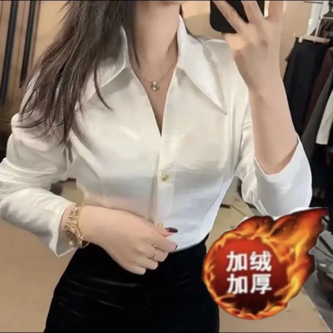 加绒缎面长袖衬衫设计新款高级2025醋酸衬衣气质显瘦上衣