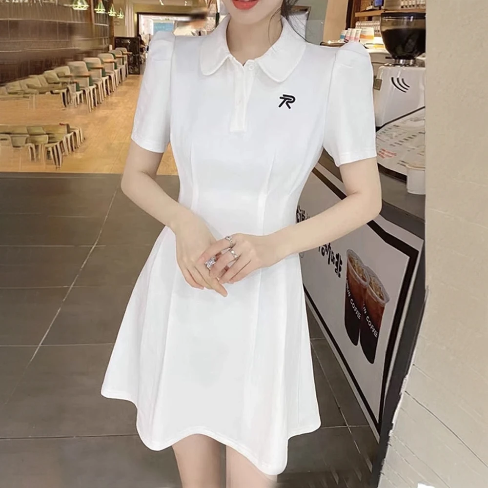 拉夏贝尔短袖连衣裙夏季2025年新款收腰显瘦休闲小个子正肩T恤裙