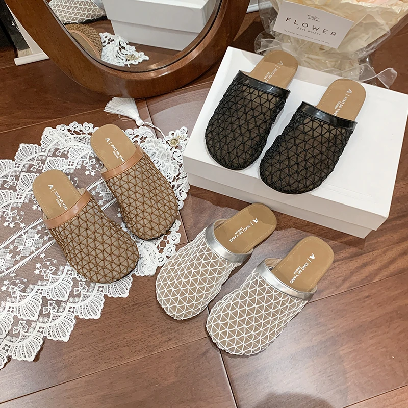 小众手工编织镂空包头半拖鞋女夏外穿一脚蹬低跟透气穆勒渔网女鞋