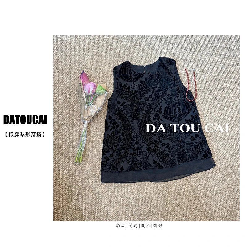 新中式国风刺绣黑色高端丝绒上衣女2025夏季新款网纱拼接无袖小衫