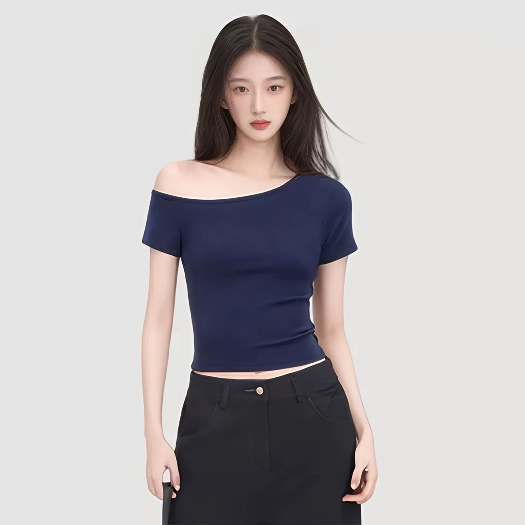 美式性感斜肩短款短袖T恤女减龄显瘦露肩纯欲时尚小众修身上衣