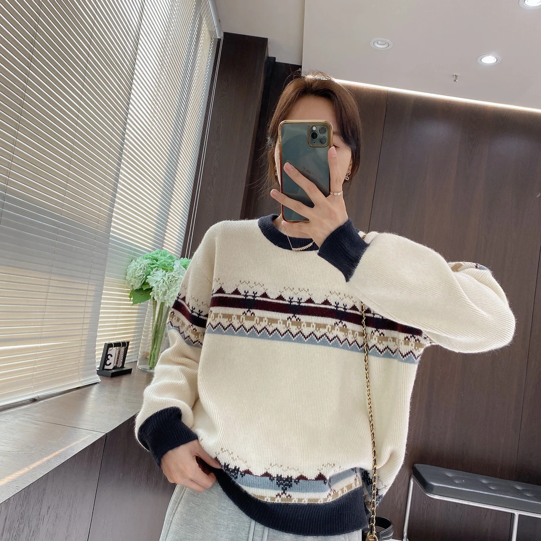 IMFLY金小金自制 针织衫DYW8359撞色圆领毛衣女秋冬季时髦短毛衫