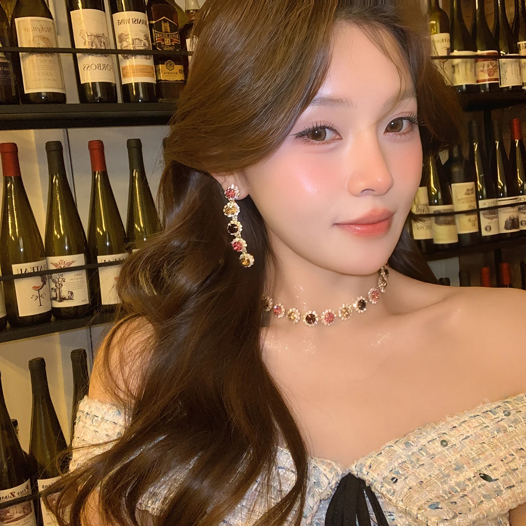 铜合金项链 镶钻圆形项链耳环高级感小众锁骨链宴会颈链