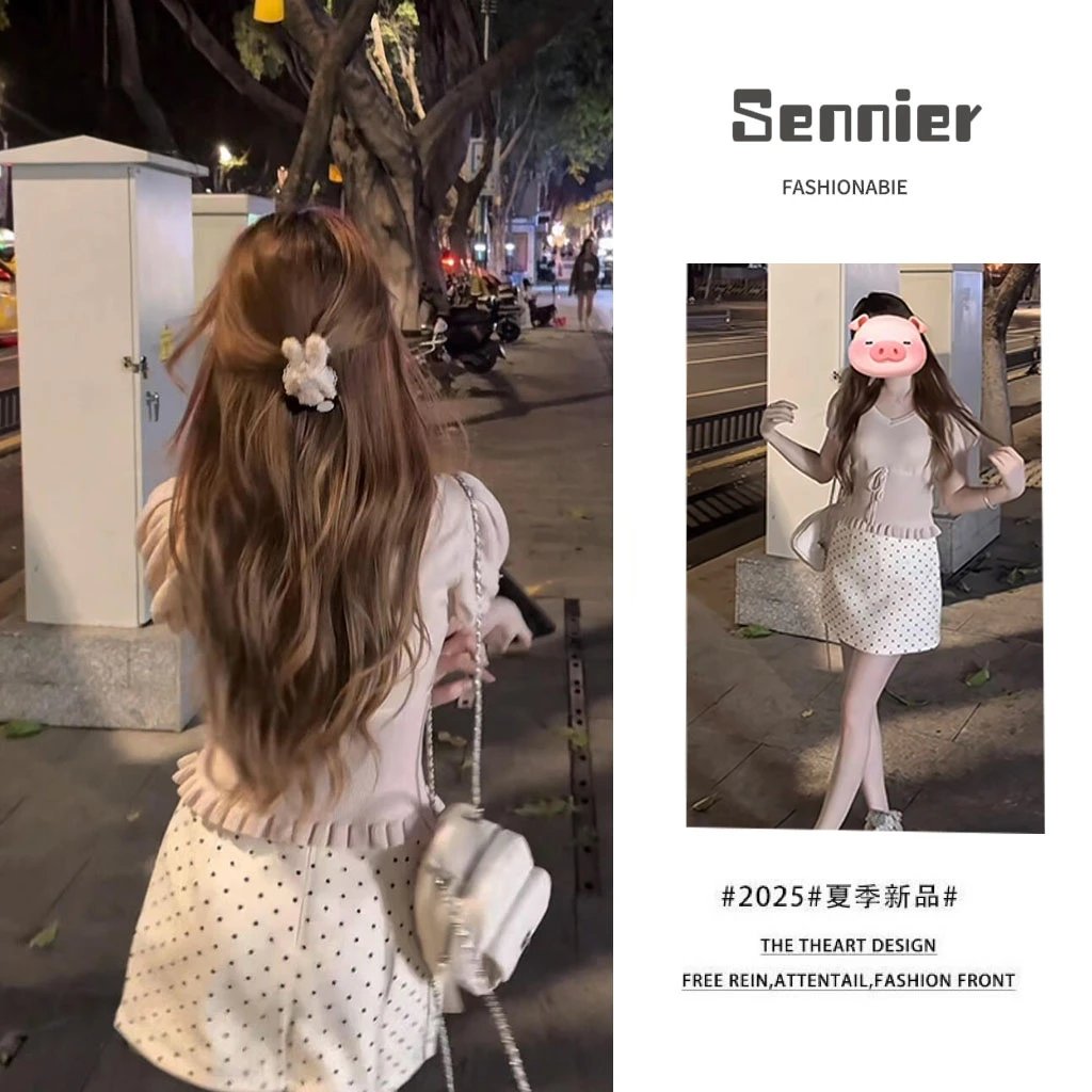 夏季温柔系穿搭女2025新款韩版时尚设计短袖显瘦波点半身裙两件套