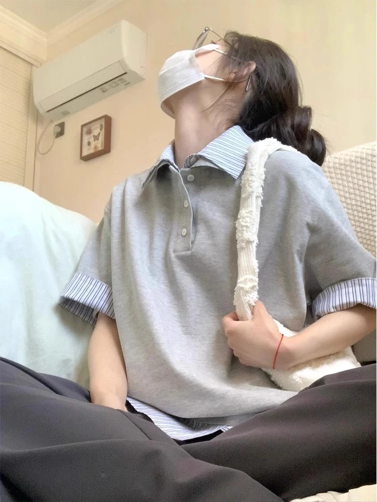 假两件polo领短袖t恤女2025新款夏季设计感宽松慵懒学院风上衣ins