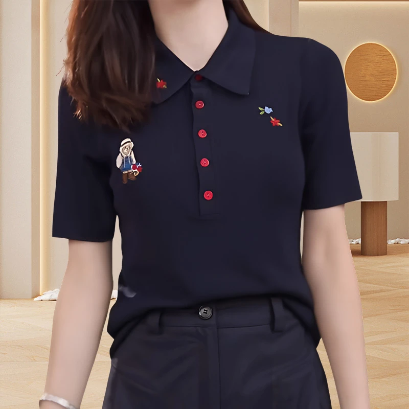 设计感小熊卡通t恤女短袖2025夏季新款时尚萌趣正版polo衫女短袖