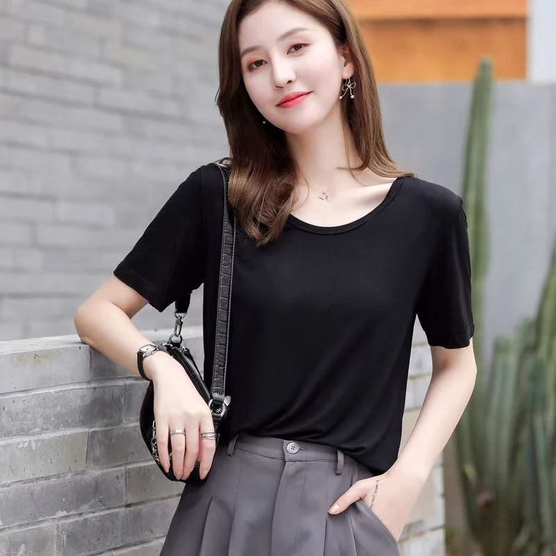 莫代尔棉妈妈正肩大圆领短袖t恤女夏季修身显瘦大码打底衫上衣女