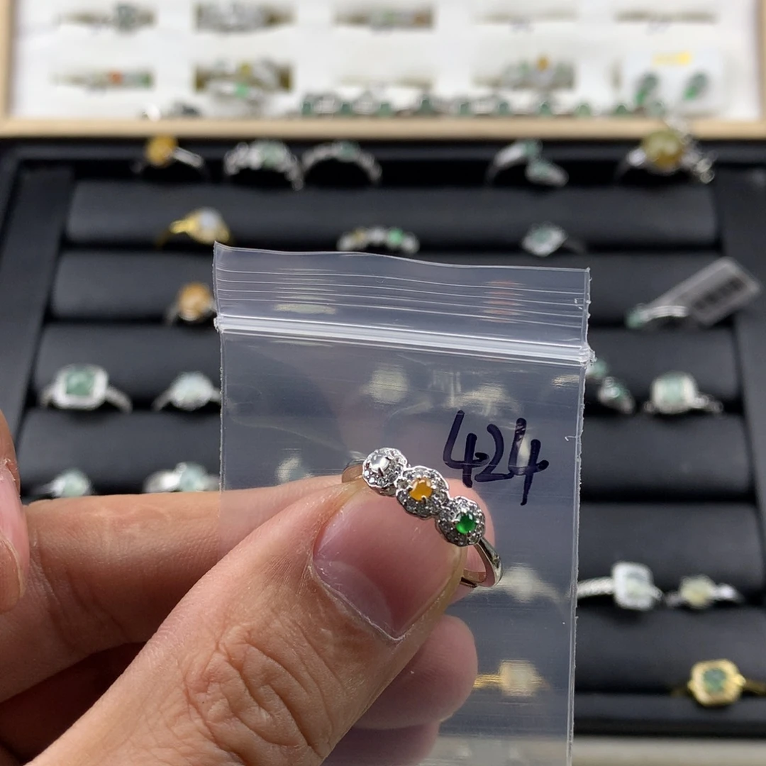 翡翠银S925镀金镶嵌戒指424