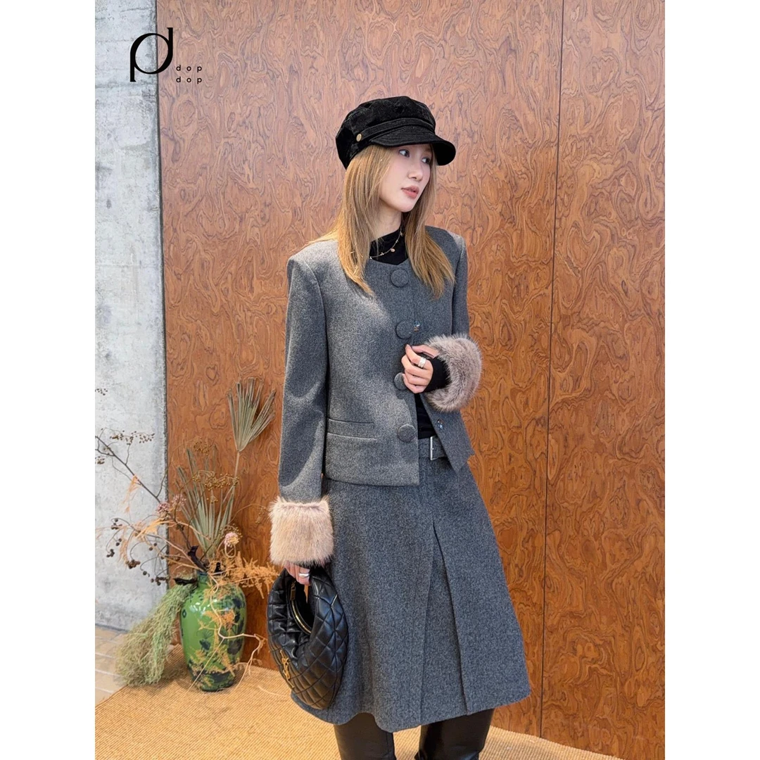 ICE DUST2025冬袖口拼接圆领外套半裙套装dopdop买手店