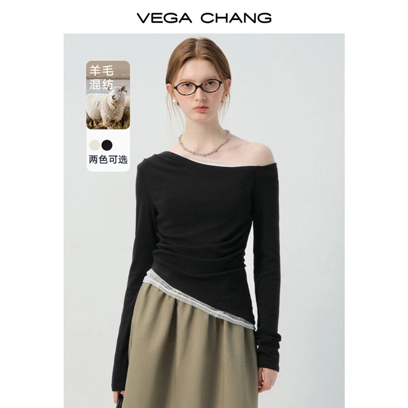 VEGA CHANG长袖T恤女2025新款秋斜肩设计修身蕾丝拼接上衣0151ZX