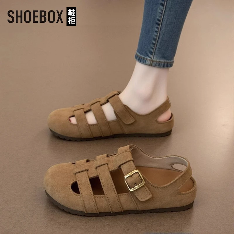 达芙妮集团旗下勃肯鞋女2025夏新款复古森系包头凉鞋镂空猪笼鞋