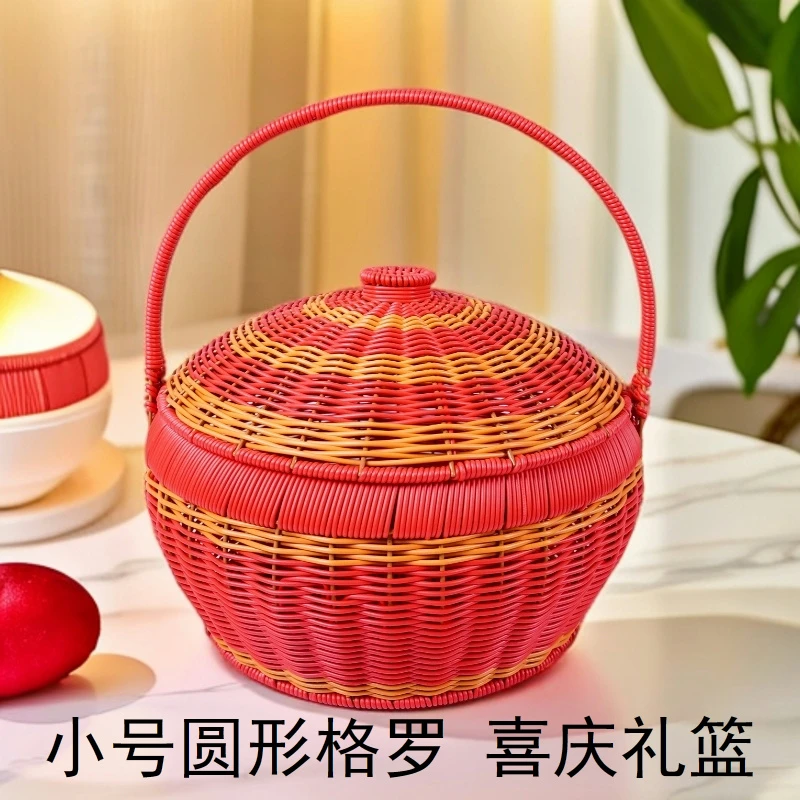 小号喜庆手提篮婚庆月子鸡蛋蓝带盖子彩色提篮过年节日礼篮工厂发