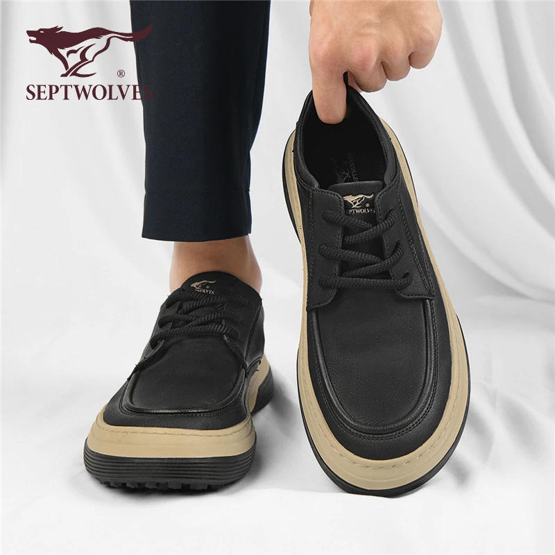七匹狼秋季新款男鞋复古时尚休闲板鞋男低帮厚底增高百搭黑色皮鞋