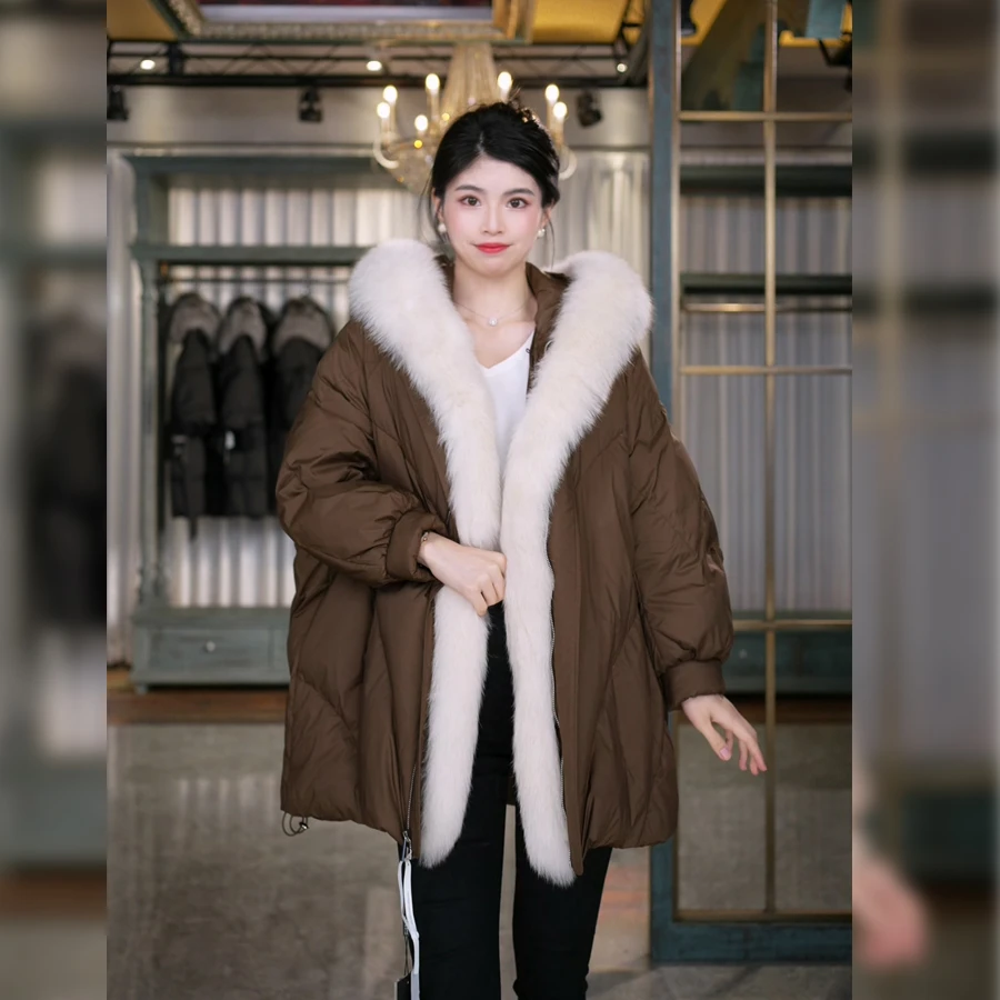 蒂奢琳 反季鹅绒女冬季狐狸毛可脱卸保暖中长款休闲连帽轻奢外套