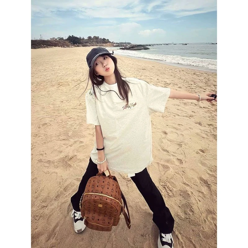 国潮牌美式【刺绣花卉】短袖t恤女2025新款爆款夏季情侣宽松上衣