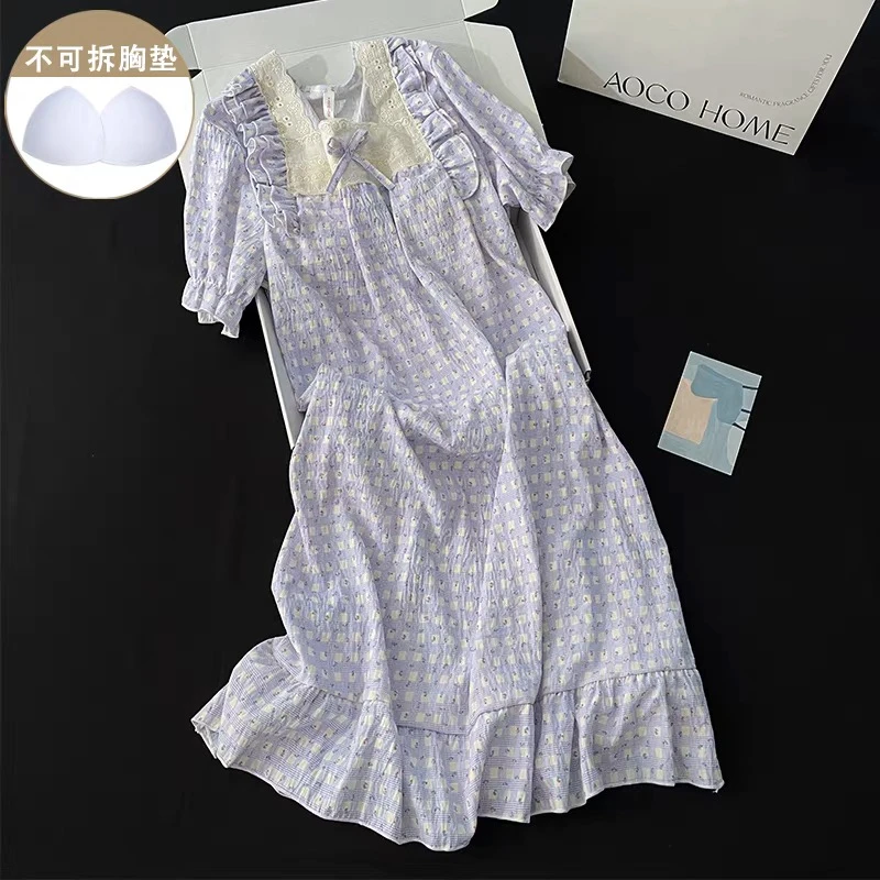 【R615】夏季清凉一夏紫色花睡裙+胸垫