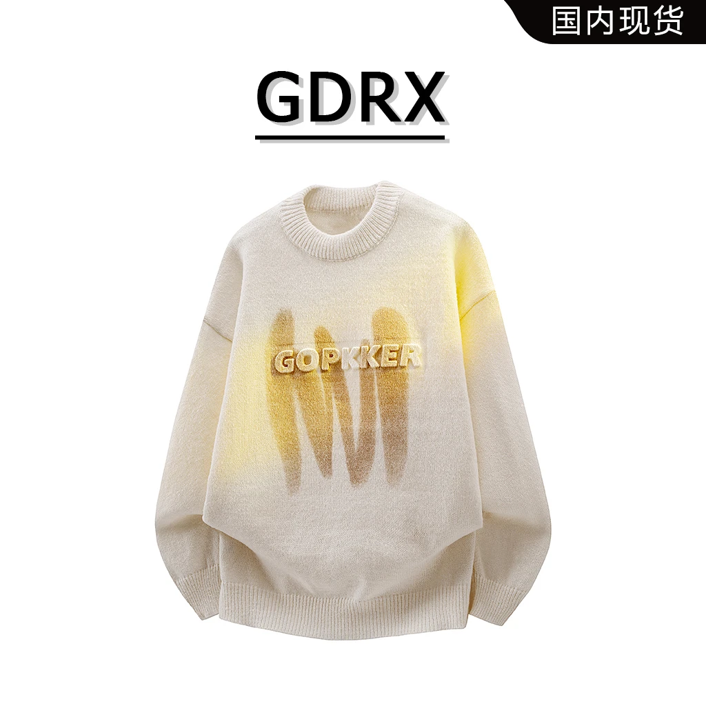 GDRX美式潮流圆领毛衣男2025冬季新款个性字母宽松百搭针织衫上衣