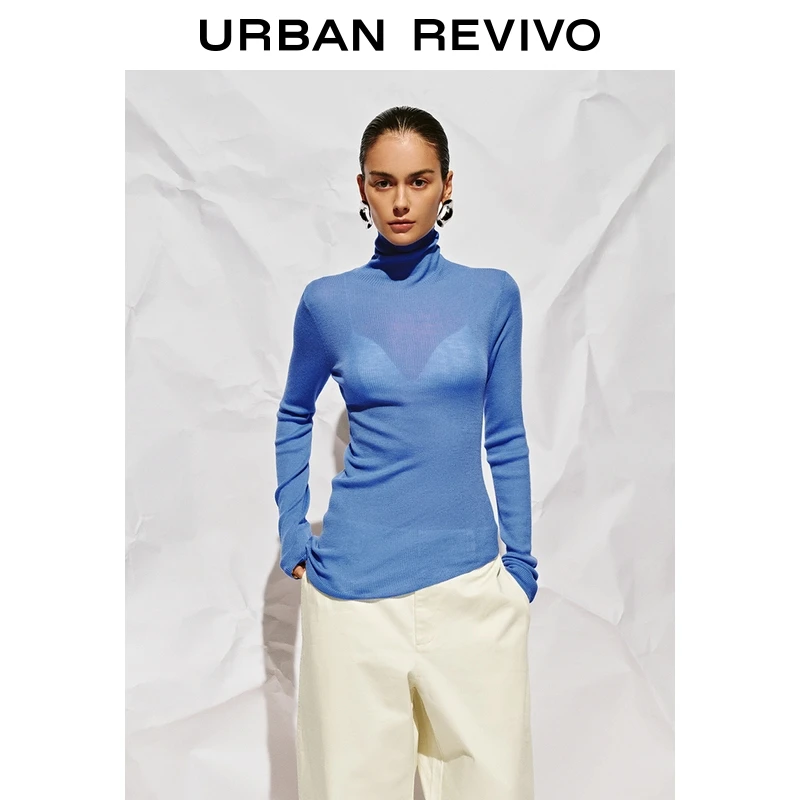 UR2025秋季新款女装简约立领褶皱修身不规则针织衫UWU950013