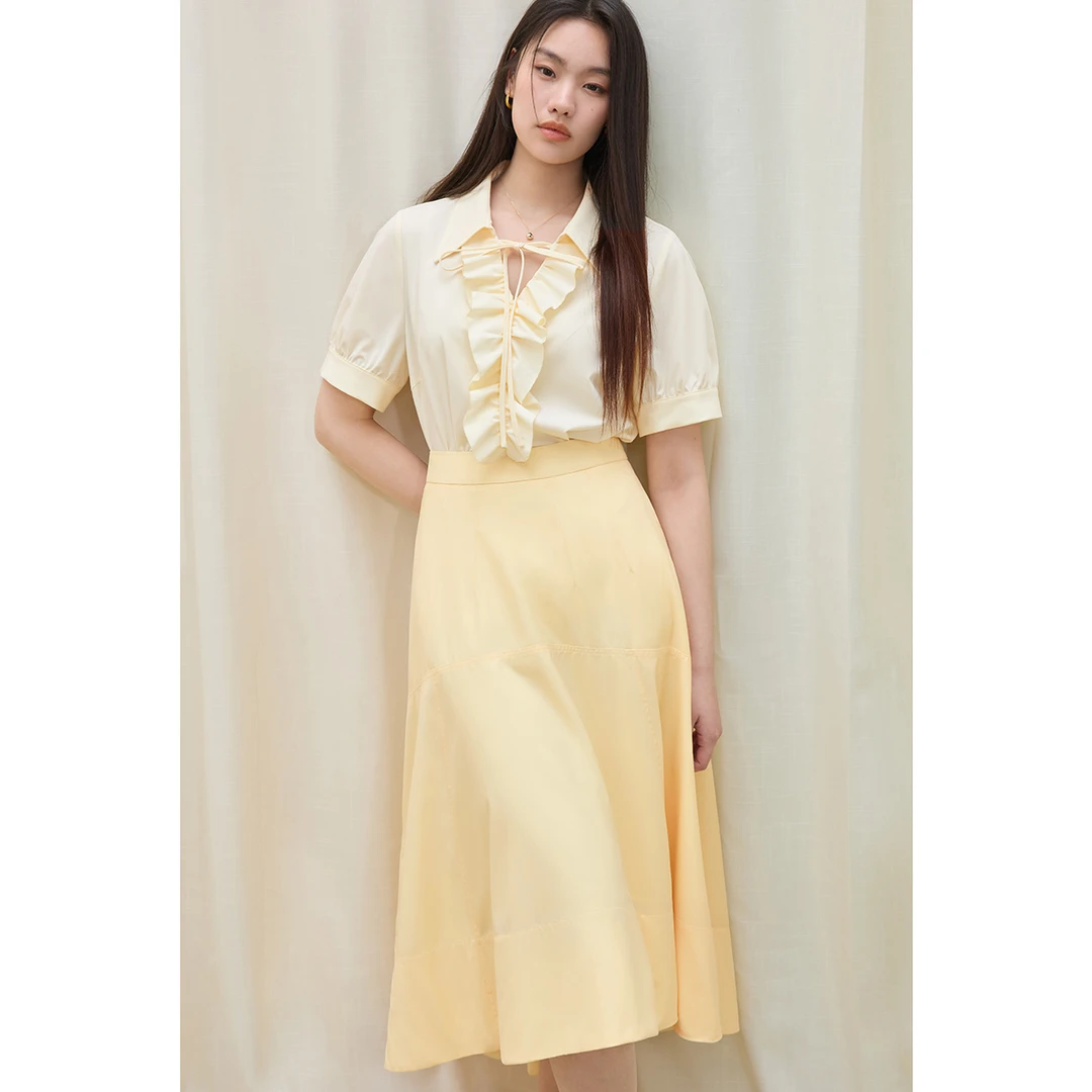 独束大码女装荷叶边绑带V领短袖衬衫设计感气质上衣25DS82175