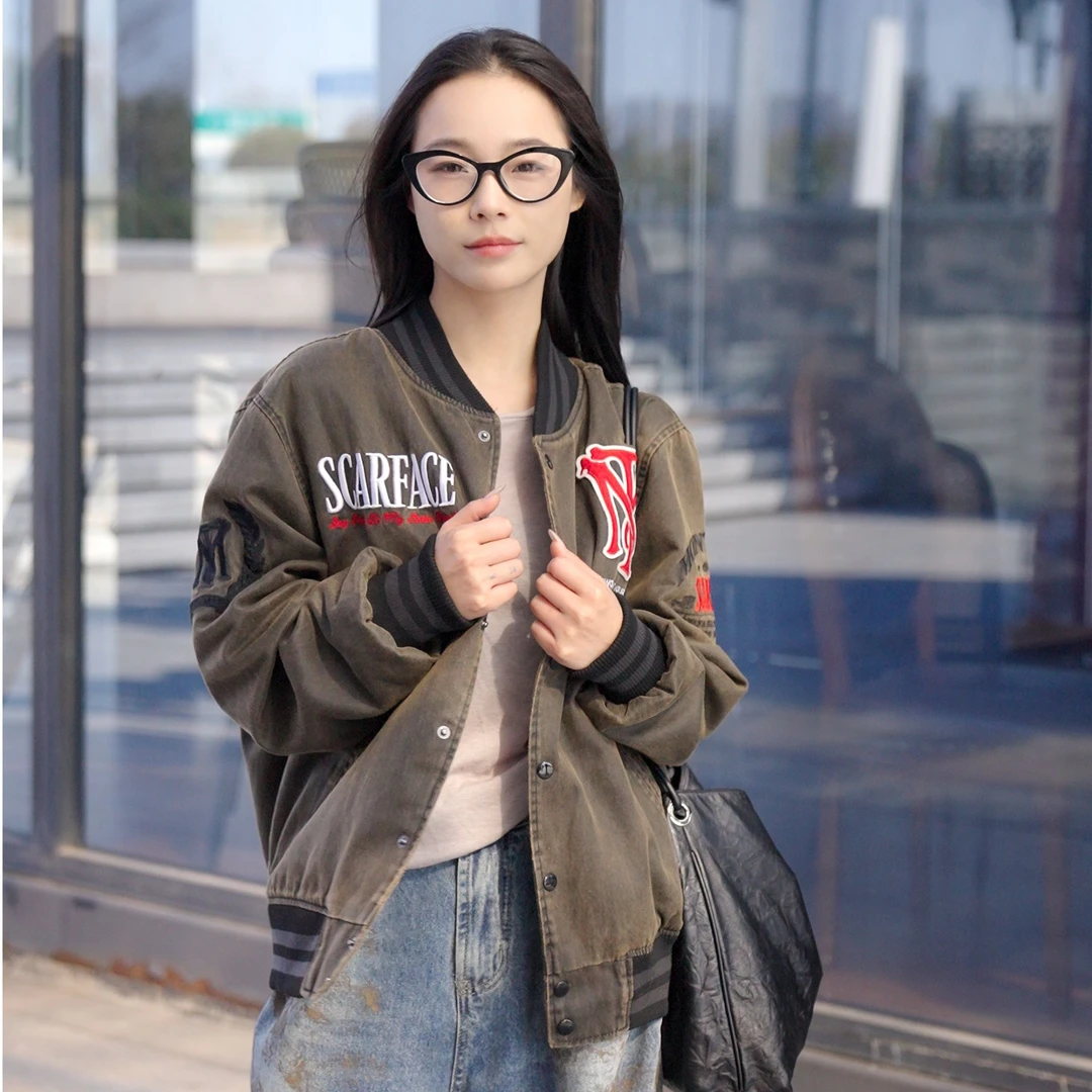 SUJAY  水洗绿薄款棒球服 疤脸人 宽松 休闲 春季 街头 印花