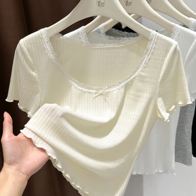 黄色大圆领修身显瘦内搭打底衫女2025夏季新款高级感短袖时尚上衣